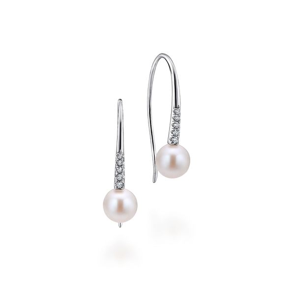 14K White Gold White Freshwater Pearl and Diamond Fish Wire Drop Earrings 0.65ct Saxons Fine Jewelers Bend, OR