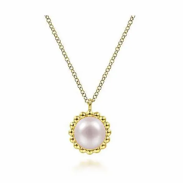 Gabriel & Co. 14 Karat Yellow Gold Round Pearl Bujukan Beaded Frame Pendant Saxons Fine Jewelers Bend, OR