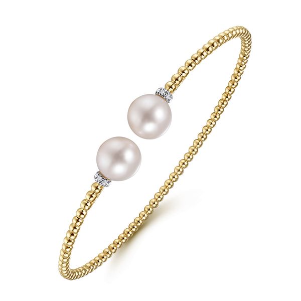 14K Yellow Gold Bujukan Freshwater Pearl and Diamond Split Bangle Bracelet by Gabriel and Co Image 2 Saxons Fine Jewelers Bend, OR