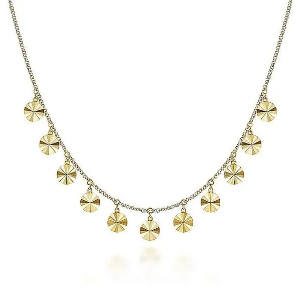 Gabriel & Co. 14 Karat Yellow Gold Disc Drop Necklace Saxons Fine Jewelers Bend, OR