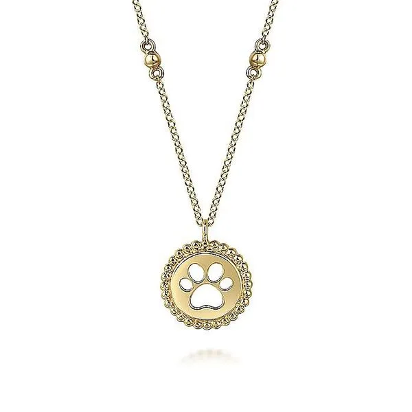 Gabriel & Co. 14 Karat Yellow Gold Bujukan Dog Paw Medallion Necklace Saxons Fine Jewelers Bend, OR