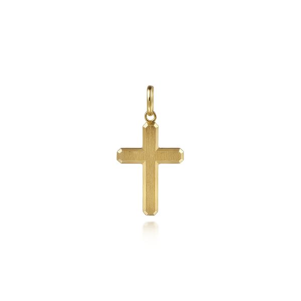 Gabriel & Co. 14 Karat Yellow Gold Vertical Brush Cross Pendant Saxons Fine Jewelers Bend, OR