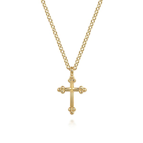Gabriel & Co. 14 Karat Yellow Gold Plain Gold Bujukan Cross Necklace Saxons Fine Jewelers Bend, OR