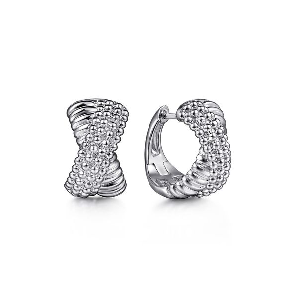 Gabriel and Co Sterling Silver Criss Cross Huggie Earrings Rope Texture Beaded Detail Hinged Snap Closure Saxons Fine Jewelers Bend, OR