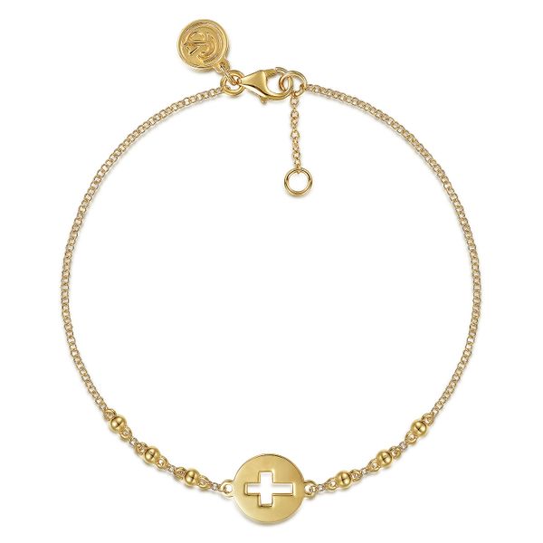 Gabriel & Co. 14 Karat Yellow Gold Cutout Cross Disc Chain Bracelet Saxons Fine Jewelers Bend, OR