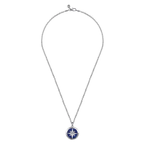 Men's Sterling Silver Lapis Diamond Compass Pendant Necklace Image 3 Saxons Fine Jewelers Bend, OR