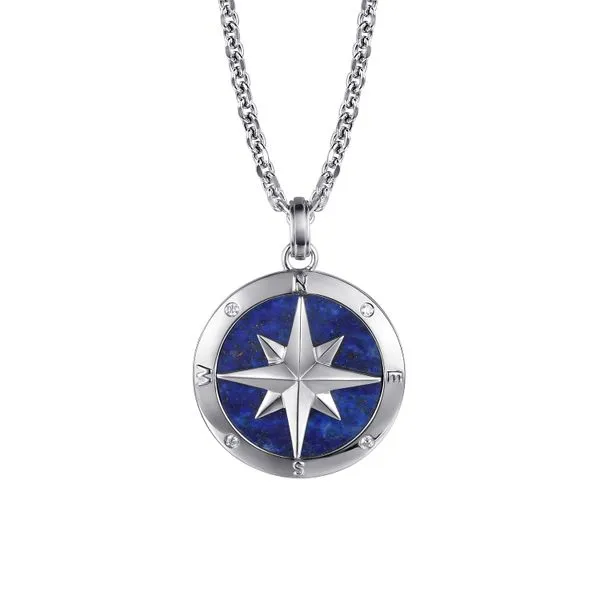 Men's Sterling Silver Lapis Diamond Compass Pendant Necklace Saxons Fine Jewelers Bend, OR