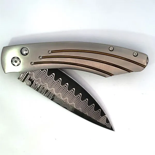 Golden Arch Titanium Anodized Gold Accents Damascus 'Wave' Blade Stainless Steel Jewelry Cleaning Saxons Fine Jewelers Bend, OR