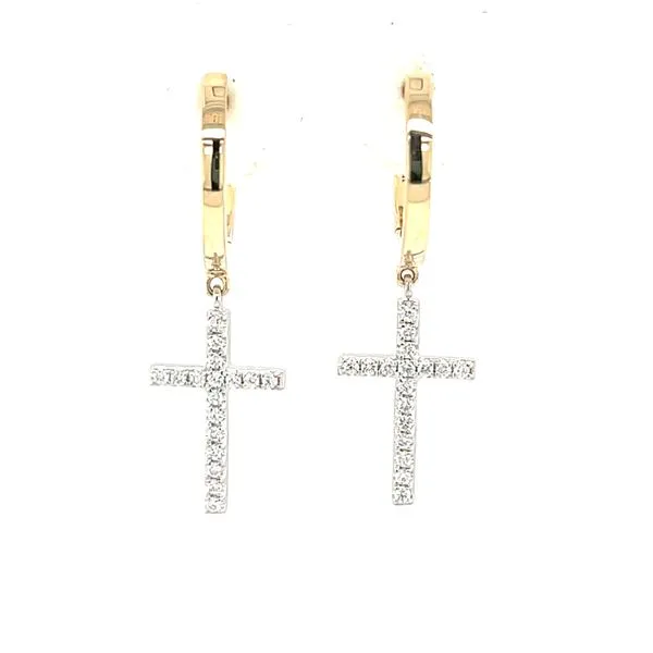 14 Karat Two-Tone Diamond Huggie Dangle Cross Earrings Segner's Jewelers Fredericksburg, TX
