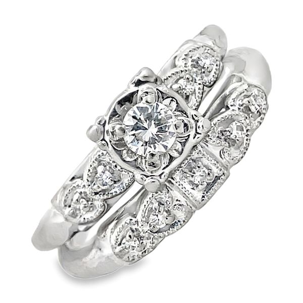 Lady's White Engagement ring and wedding band Set with Art deco Design Segner's Jewelers Fredericksburg, TX