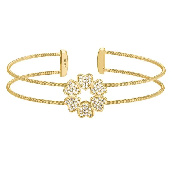 Yellow Sterling Silver Two Cable Cuff Hearts Bracelet with Simulated Diamonds similar item image
