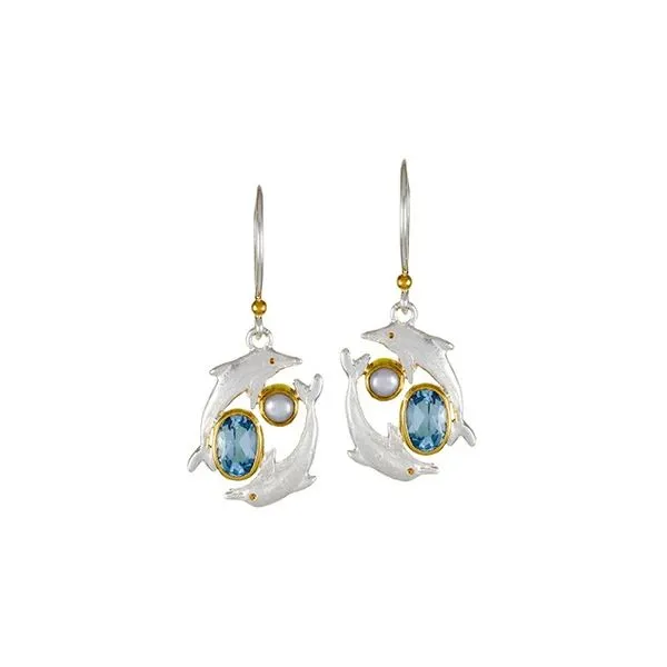 Sterling & 22Kt Gold Vermeil Dolphin Dangle Silver Earring With Oval Blue Topaz And Cabochon Freshwater Pearls Segner's Jewelers Fredericksburg, TX