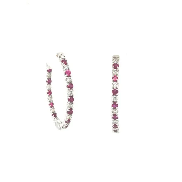 14 Karat White Gold Ruby and Diamond Hoops Earrings Segner's Jewelers Fredericksburg, TX