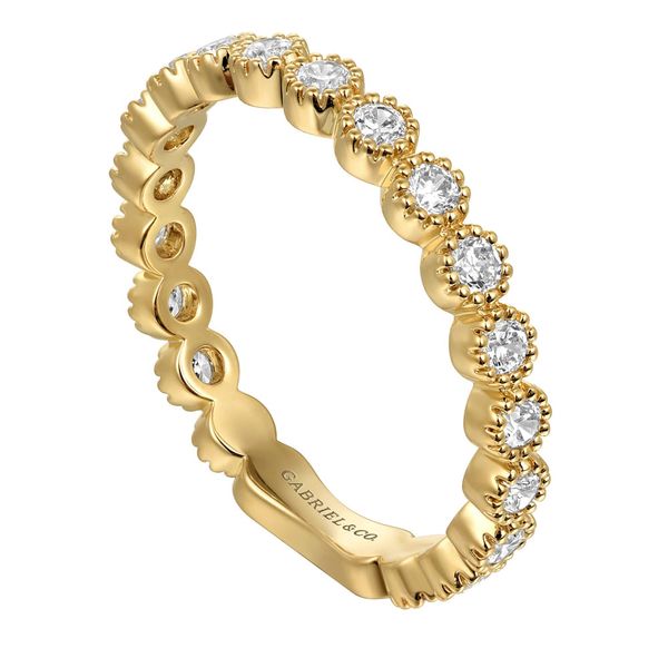 Gabriel & Co. 14K Yellow Gold Bezel Set Diamond Wedding Band Image 3 Shannon Jewelers Spring, TX