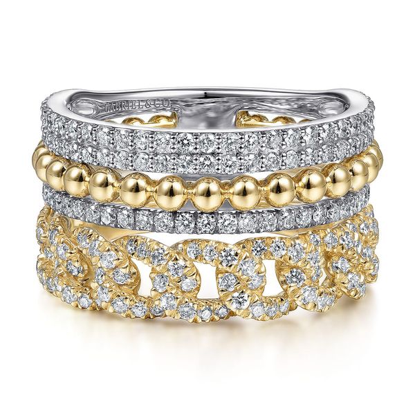 Gabriel & Co. 14K white and yellow gold diamond Bujukan wide band stackable ring with chain link detail