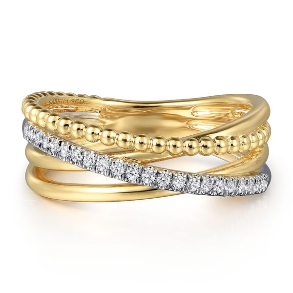 Gabriel & Co. 14K white and yellow gold diamond criss cross ring with Bujukan bead detailing