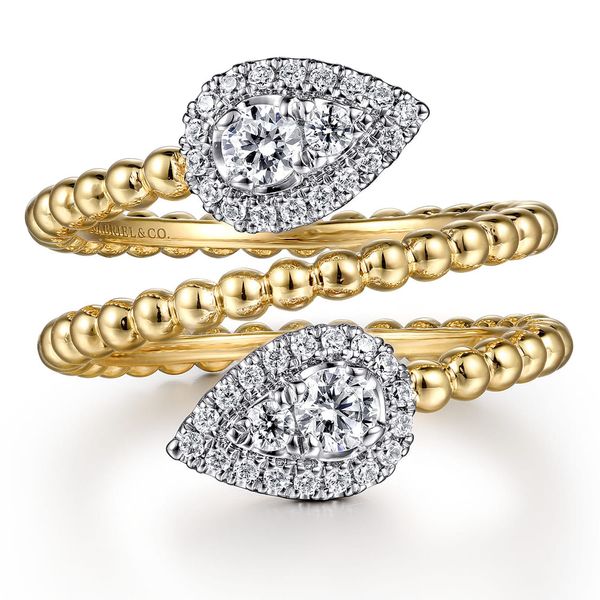 Gabriel & Co. 14K white and yellow gold 0.50ct diamond Bujukan wrap ring with pear shape diamond clusters