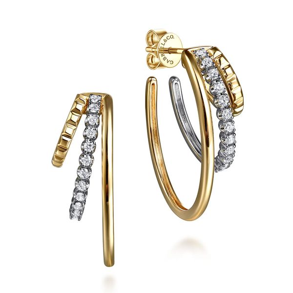 Gabriel & Co. 14K white and yellow gold three row J hoop stud earrings with diamond detail