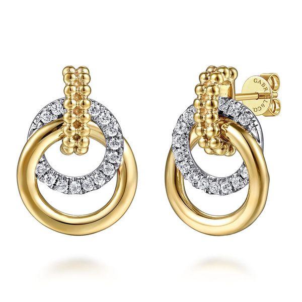 Gabriel & Co. 14K white and yellow gold diamond Bujukan stud earrings with dangle detail