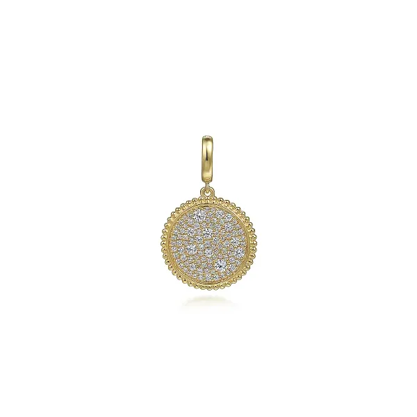 Gabriel & Co. 14K Yellow Gold Diamond Pave Bujukan Medallion Pendant in size 18mm Shannon Jewelers Spring, TX