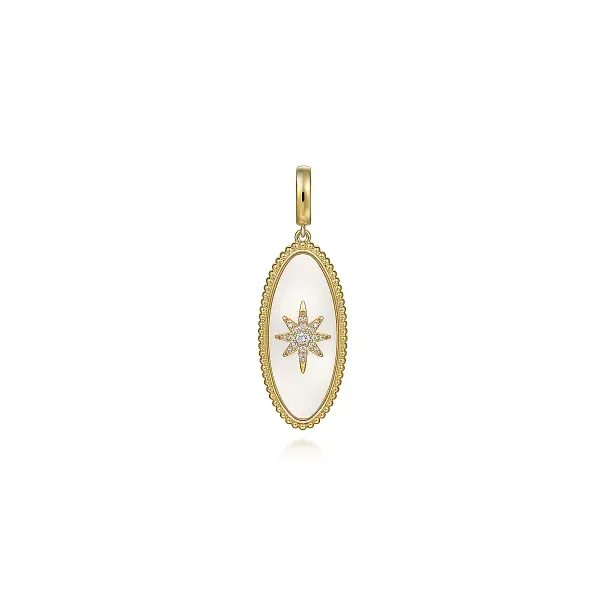 Gabriel & Co. 14K Yellow Gold Diamond and White Mother of Pearl Bujukan Oval Shape Medallion Pendant Shannon Jewelers Spring, TX
