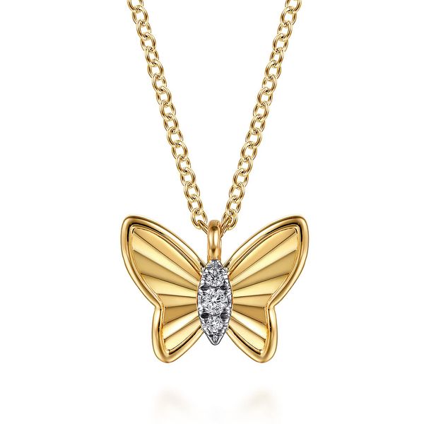 Gabriel & Co. 14K Yellow Gold Butterfly Necklace with Graduated Diamonds - 17.5