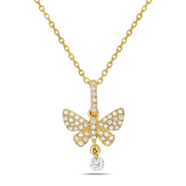 14K Gold Diamond Butterfly Pendant Necklace with Floating Diamond Drop Shannon Jewelers Spring, TX