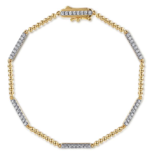 Gabriel & Co. 14K yellow gold Bujukan diamond tennis bracelet with alternating diamond and bead stations