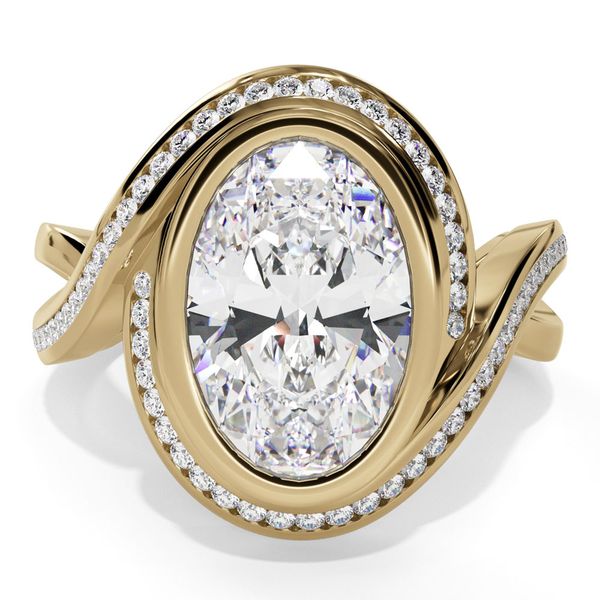 Costar oval lab grown diamond engagement ring with bezel set center pavé halo and infinity shank