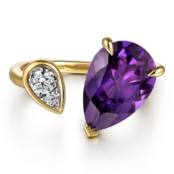 Gabriel & Co. 14K white and yellow gold pear shape amethyst and diamond open ring