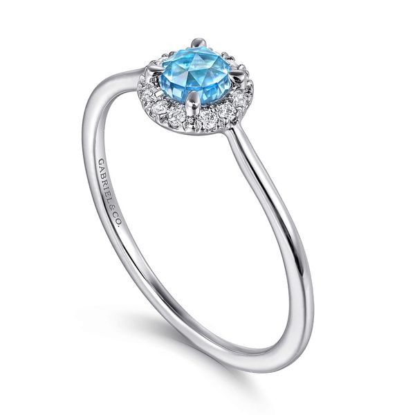 Gabriel & Co. 14K White Gold Blue Topaz & Diamond Halo Promise Ring Image 3 Shannon Jewelers Spring, TX