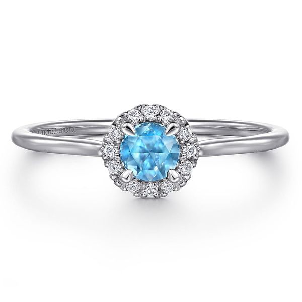 Gabriel & Co. 14K white gold blue topaz and diamond halo promise ring