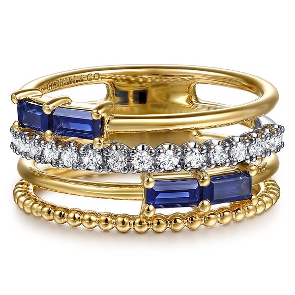 Gabriel & Co. 14K white and yellow gold wide diamond and blue sapphire easy stack ring