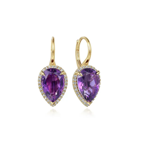 Gabriel & Co. 14K Yellow Gold Diamond and Flat Pear Shape Amethyst Earrings With Flower Pattern J-Back Shannon Jewelers Spring, TX