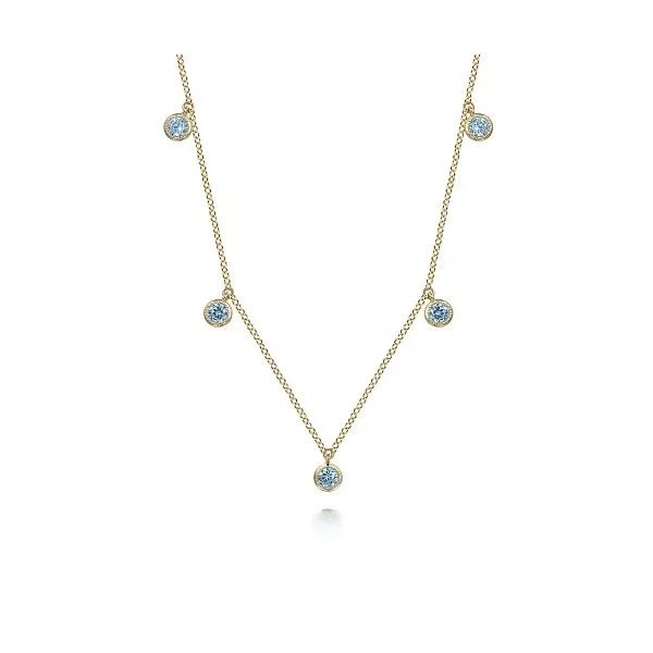 Gabriel & Co. 14K Yellow Gold London Blue Topaz Station Necklace Shannon Jewelers Spring, TX
