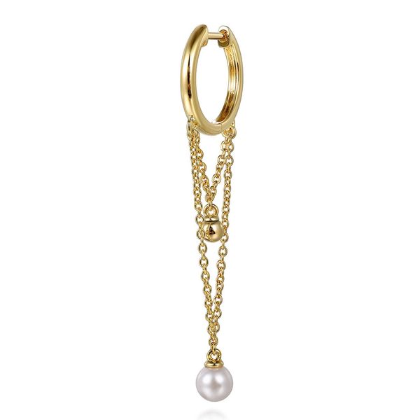 Gabriel & Co. 14K Yellow Gold Bujukan and Pearl Huggie Drop Earrings Image 2 Shannon Jewelers Spring, TX