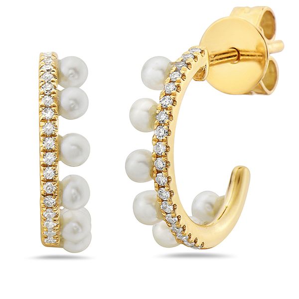 14K Gold Pearl & Diamond J Hoop Earrings Shannon Jewelers Spring, TX