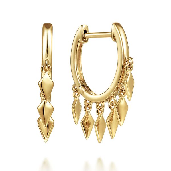 Gabriel & Co. 14K yellow gold huggie earrings with rhombus drop accents