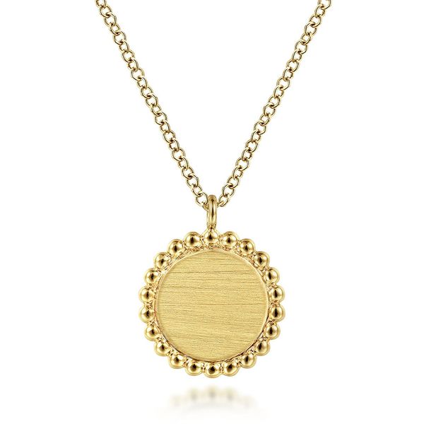 Gabriel & Co. 14K yellow gold round pendant necklace with Bujukan bead detail around gold disc