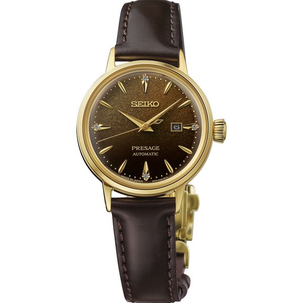Seiko presage cocktail time jamaican coffee diamond dial automatic watch with Brown Leather Strap