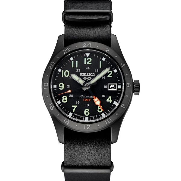 Seiko 5 Sports Field GMT Automatic Watch | Black Dial, Leather Strap, 100M Shannon Jewelers Spring, TX