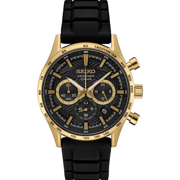 Seiko Essentials Black Chronograph with Gold Tachymeter Bezel and Silicone Strap