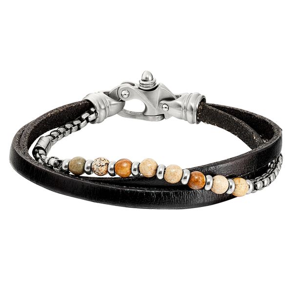 Men's black leather two-cord bracelet with natural stone beads and stainless steel accents