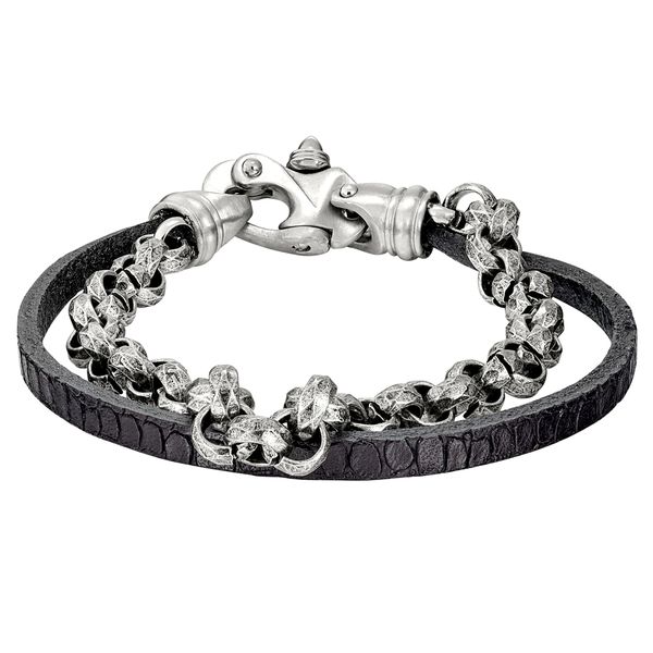 Men's two-cord black leather bracelet with stainless steel box link chain