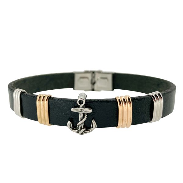 Men's black leather cord bracelet with stainless steel anchor and rose gold-tone accents