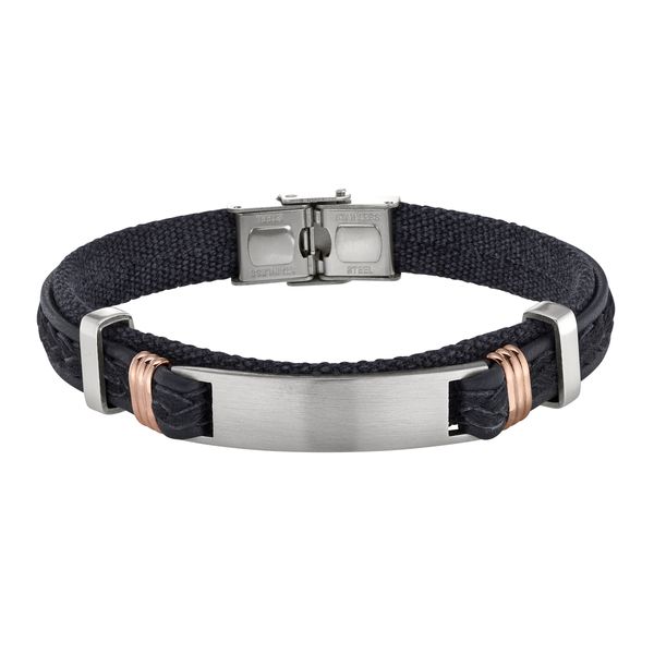 Men's black leather cord bracelet with stainless steel bar and rose gold accents