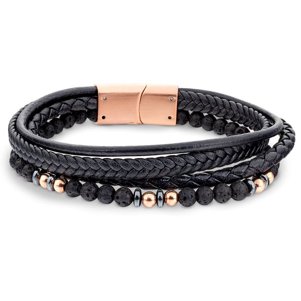 Legere by Kelly Waters men's black leather four cord bracelet with black and rose gold bead accents