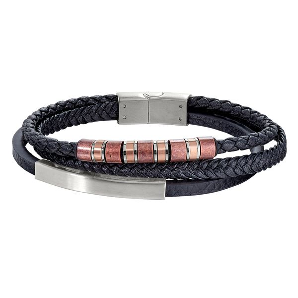 Legere by Kelly Waters men's black leather three cord bracelet with stainless steel bar and two tone accents