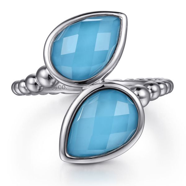 925 sterling silver bypass ring with rock crystal and turquoise gemstones