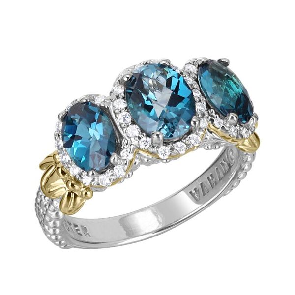 Vahan 14K gold and sterling silver three stone London blue topaz and diamond ring